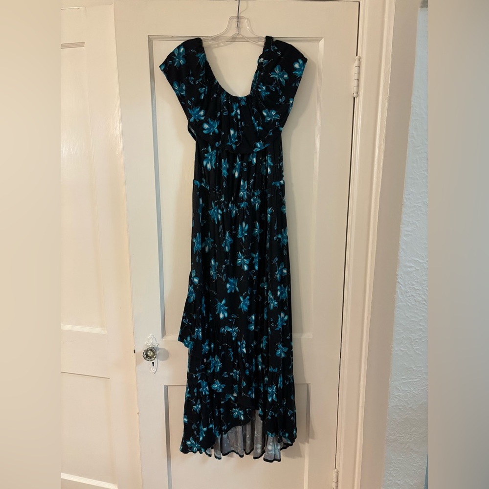 Lane Bryant Off Shoulder Asymmetrical Black and Blue Floral Maxi Dress